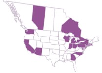 The CAMEO study has study sites that are highlighted in this map of the US and Canada. These states and provinces are highlighted: Alberta, Arizona, California, Connecticut, Georgia, Indiana, Maryland, Massachusetts, Michigan, New Jersey, New York, North Carolina, Ohio, Ontario, Pennsylvania, Rhode Island, Washington, Wisconsin